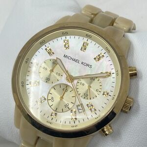 Michael Kors Chronograph Watch Women 43mm Gold Tone Date MOP New Batter SMALL 6"